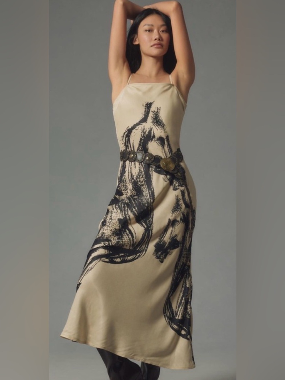 Anthropologie X Conditions Apply Chloe Maxi Slip Dress Neutral Horse Motif